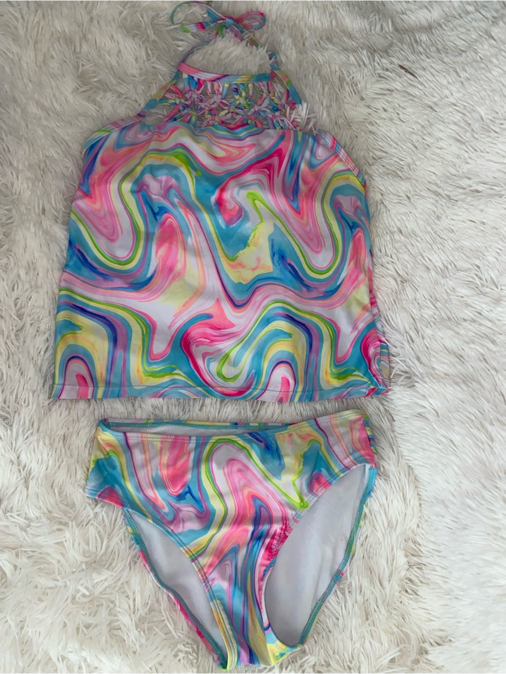 Girls Multicolor Swirl Halter Tankini Bikini - Bright Swirl Print